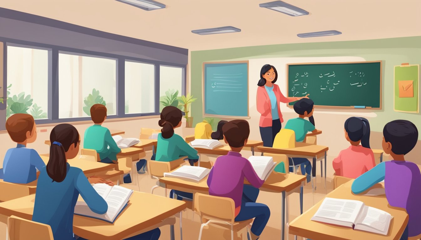 A classroom setting with a teacher and students discussing Arabic language. Books and learning materials are visible