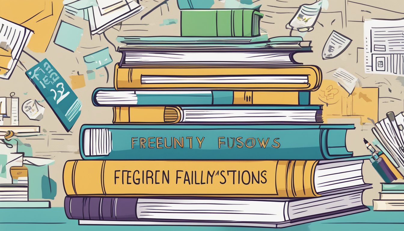 A stack of books with "Frequently Asked Questions" on top, surrounded by scattered brain illustrations and a review of tuition fees