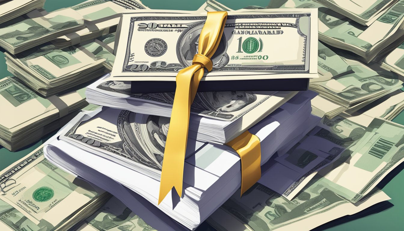 A stack of cash and a diploma with a scholarship emblem, overshadowing a tuition bill for CalArts