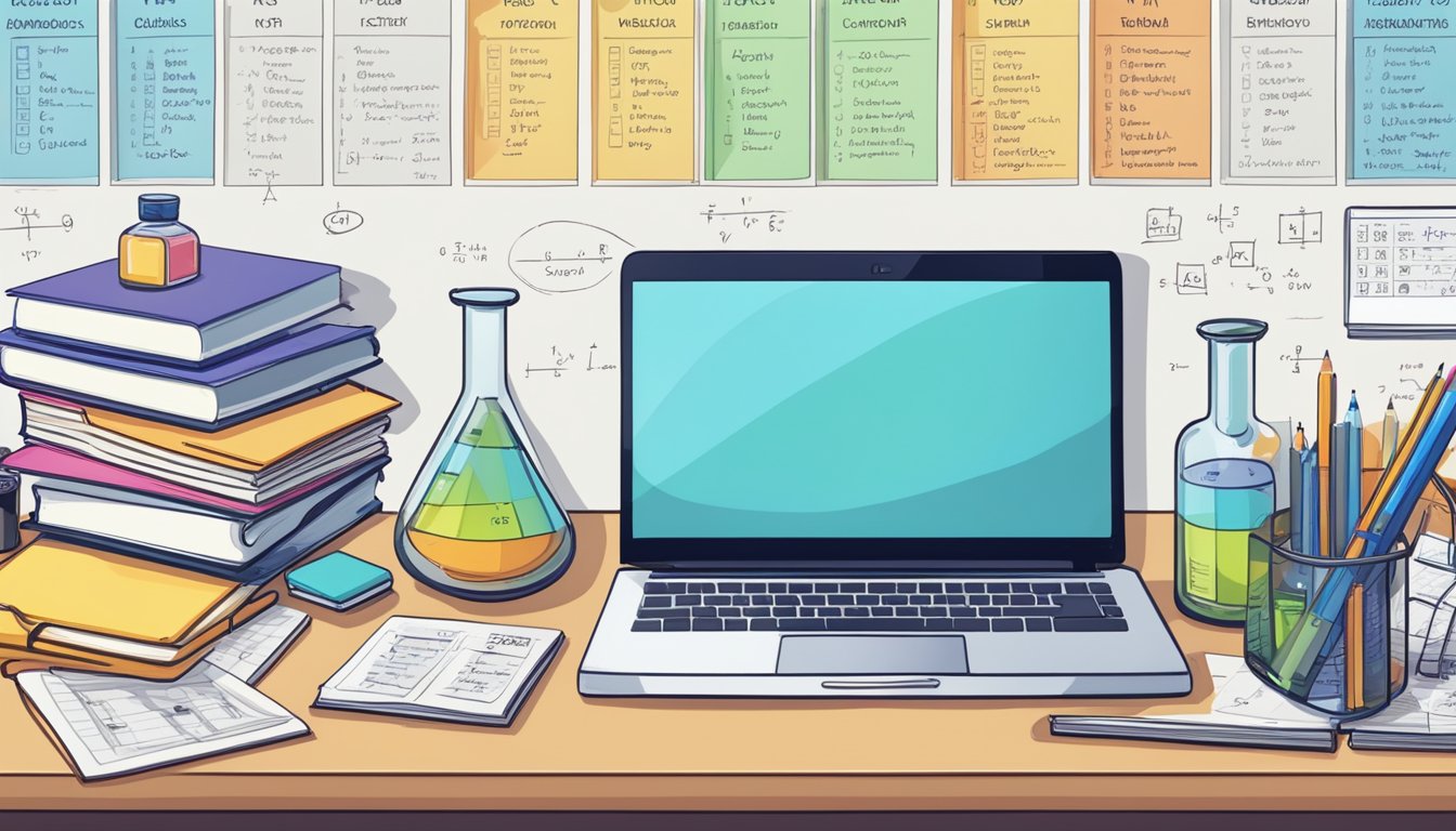 JC Chemistry Tuition Assignments: Ace Your Exams with Expert Guidance A cluttered desk with textbooks, notebooks, and a periodic table. A whiteboard with chemical equations and diagrams. A laptop open to a chemistry tutorial