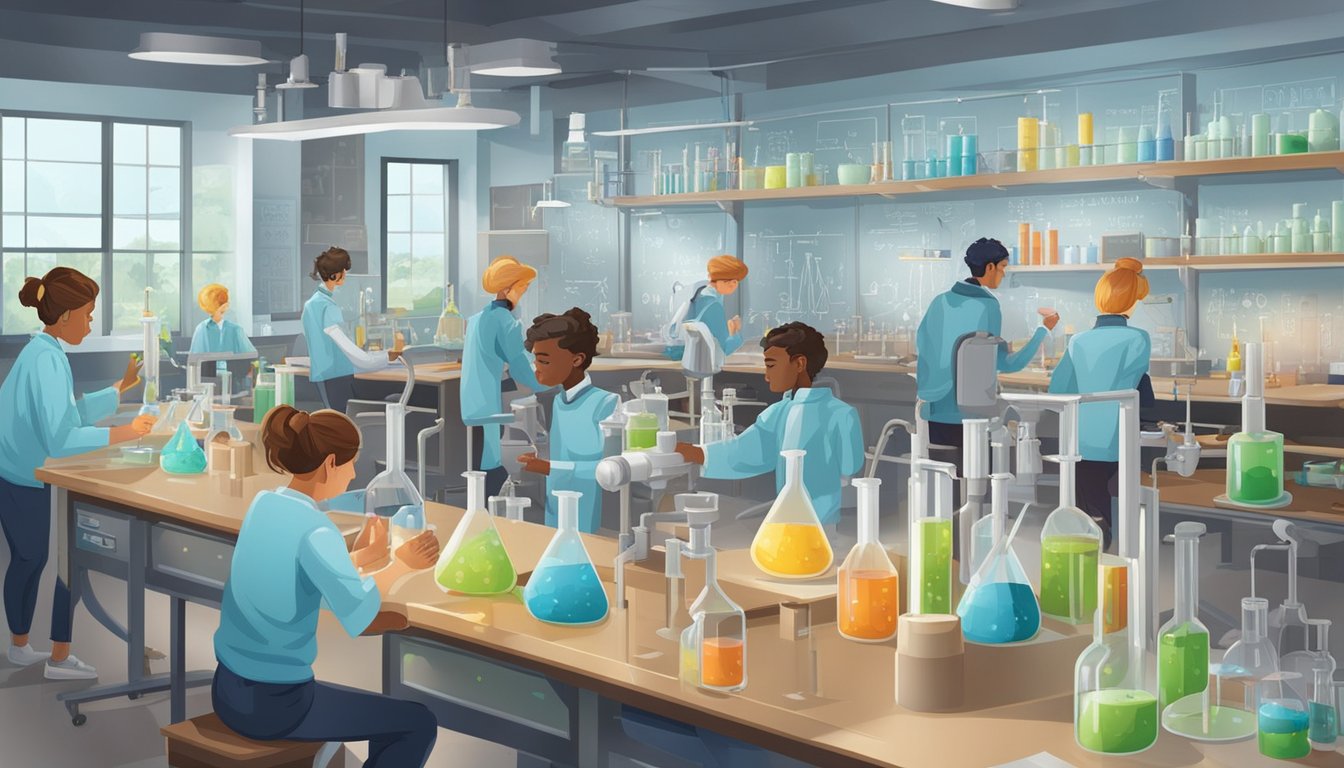 JC Chemistry Tuition Assignments: Ace Your Exams with Expert Guidance Chemical reactions in progress, equipment and beakers on lab benches, students engaged in experiments, charts and diagrams on the walls