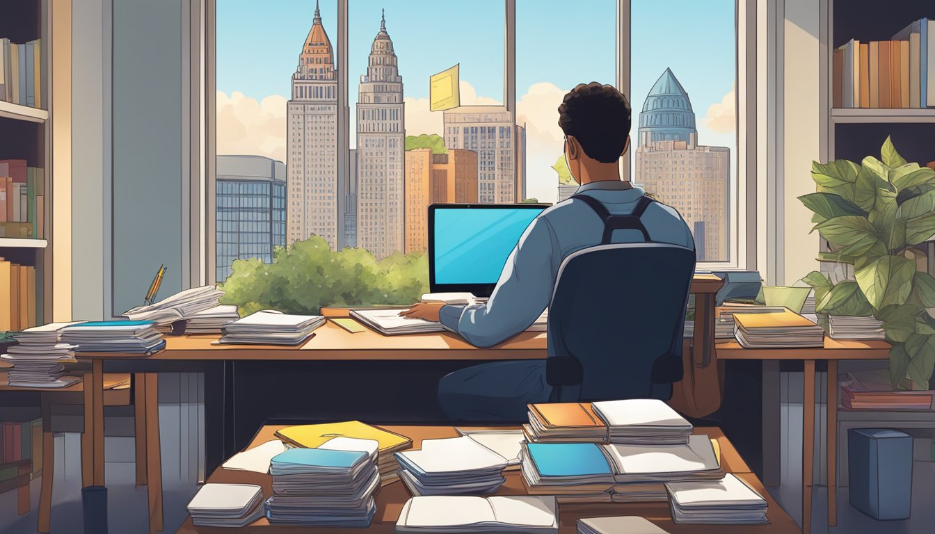 A student sits at a desk, surrounded by textbooks and a laptop, with a calculator and notes spread out. A Cleveland skyline is visible through the window