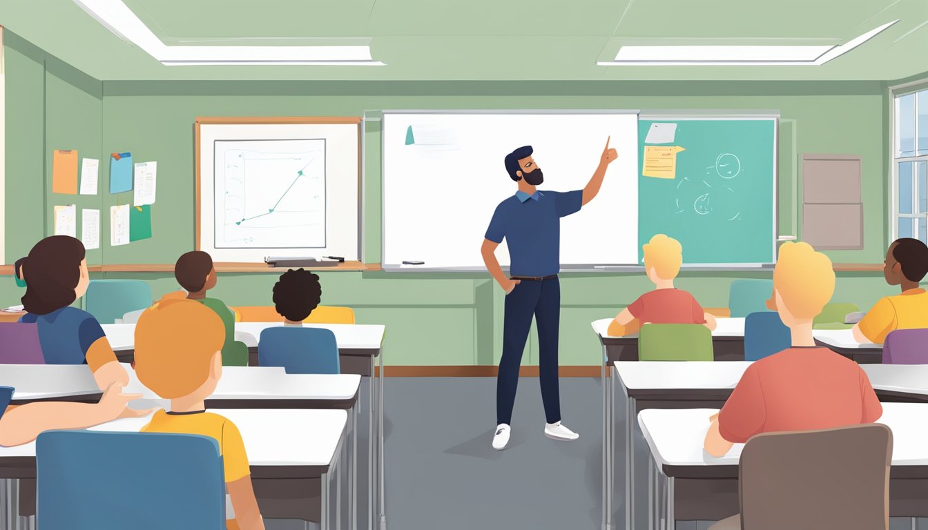 Jason teaches a student in a classroom, pointing at a whiteboard
