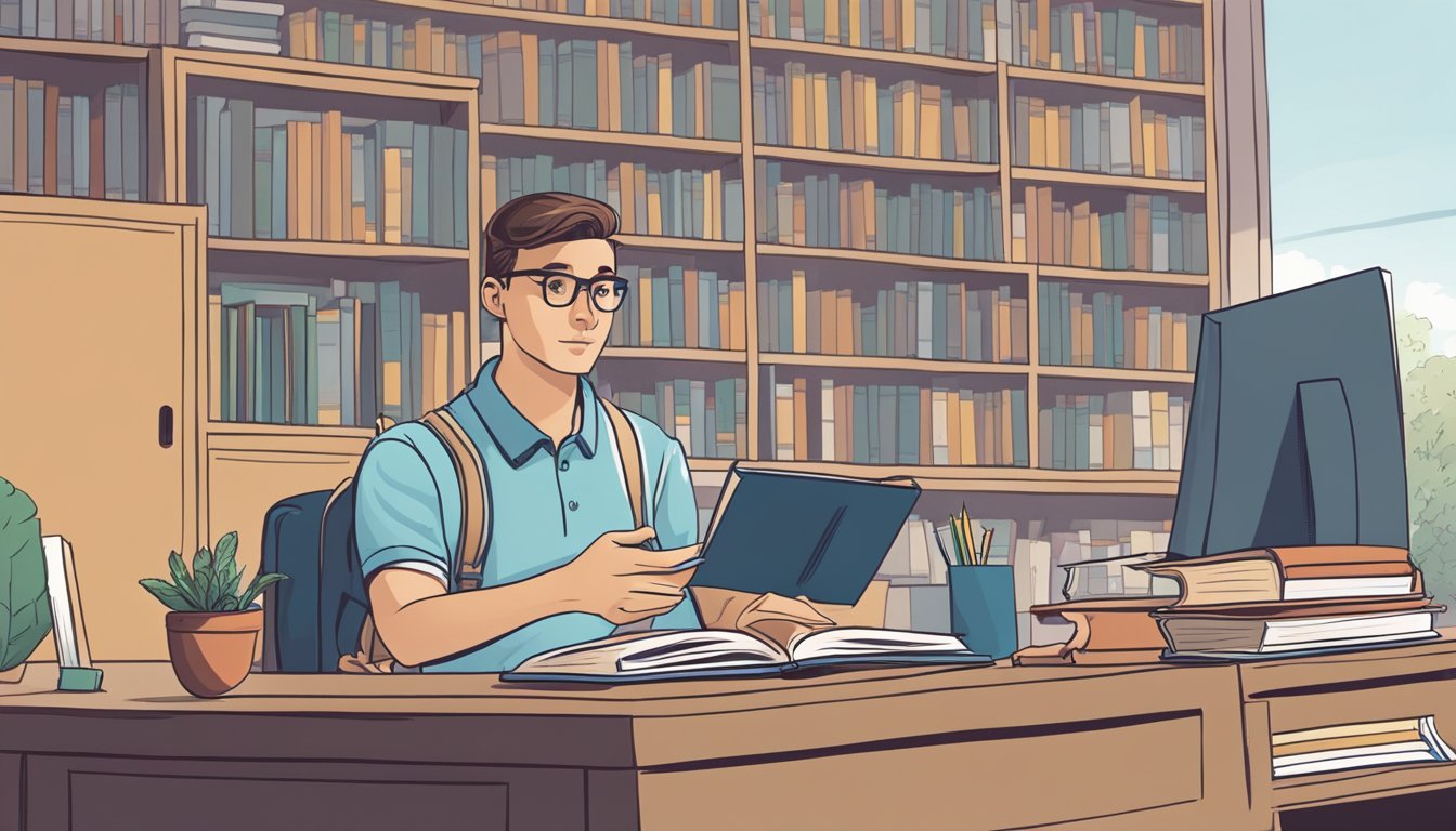 A student sits at a desk, focused on a textbook. A tutor, Jason, stands nearby, pointing to the book and offering guidance