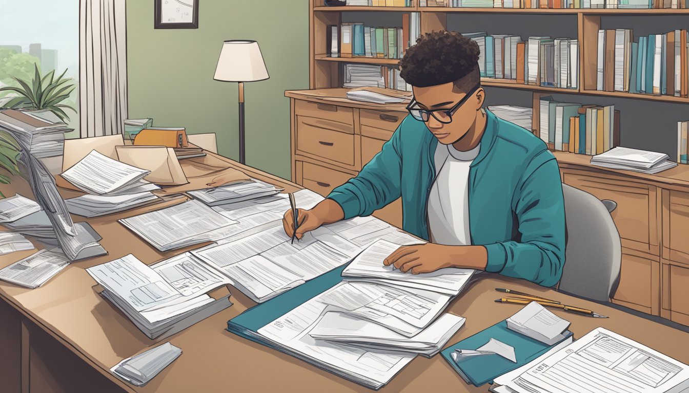 A student fills out enrolment forms at a desk, surrounded by brochures and information packets about residency considerations and Cleveland tuition
