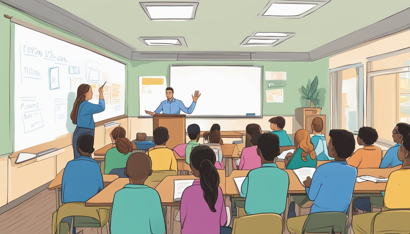 Jason answers frequently asked questions about tuition in a classroom setting with a whiteboard and students listening attentively
