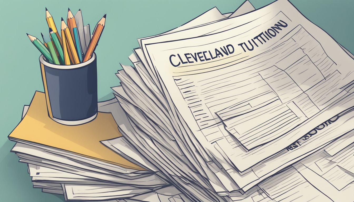 A stack of FAQ papers with "cleveland tuition" printed on top, surrounded by question marks and a pencil