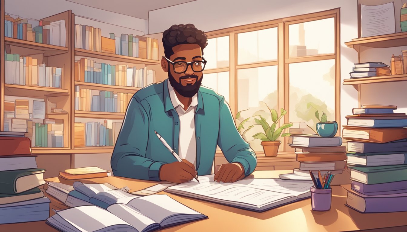 A tutor sits at a desk, surrounded by books and teaching materials. A whiteboard displays a lesson plan. The room is well-lit and organized