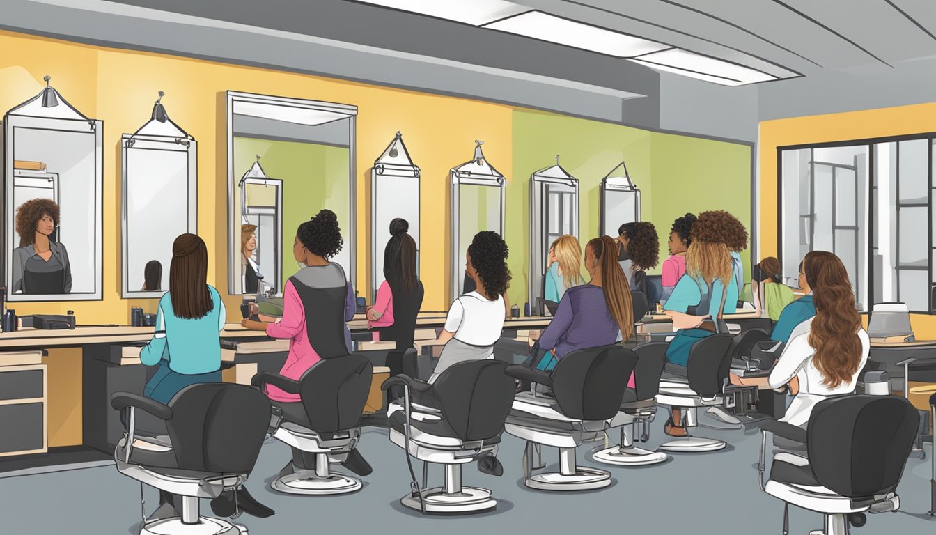 A classroom with students learning hair styling at Kenneth Shuler beauty school