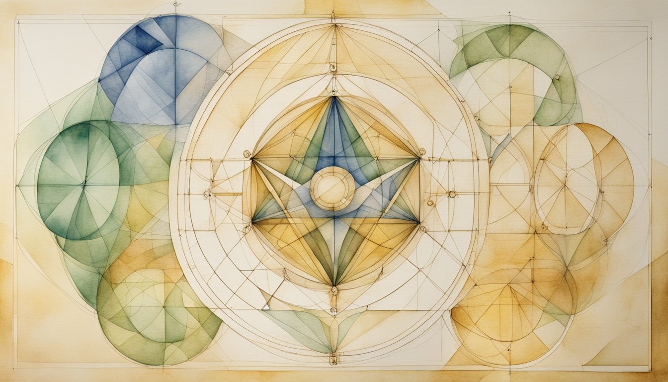 Leonardo Da Vinci's mathematical legacy depicted through geometric shapes, the golden ratio, and intricate mathematical diagrams