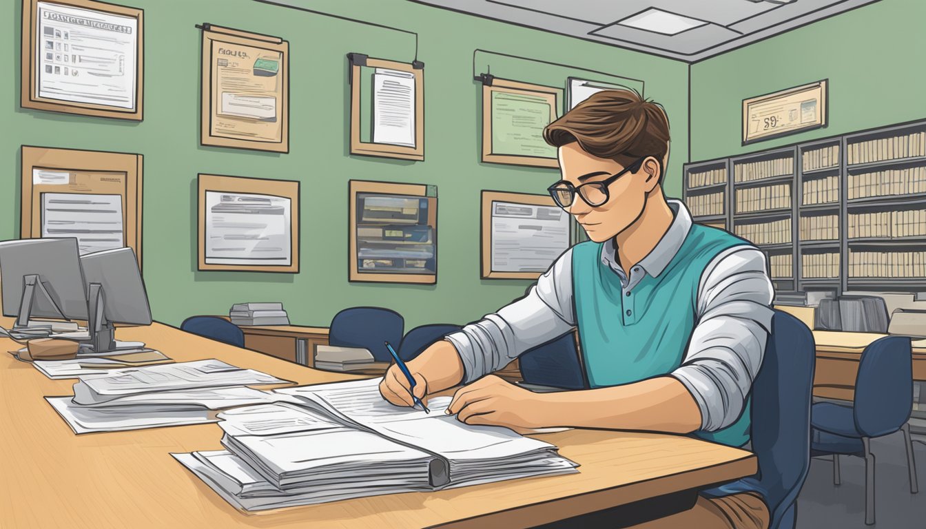 A student fills out financial aid forms at a desk in front of a sign for Kenneth Shuler tuition