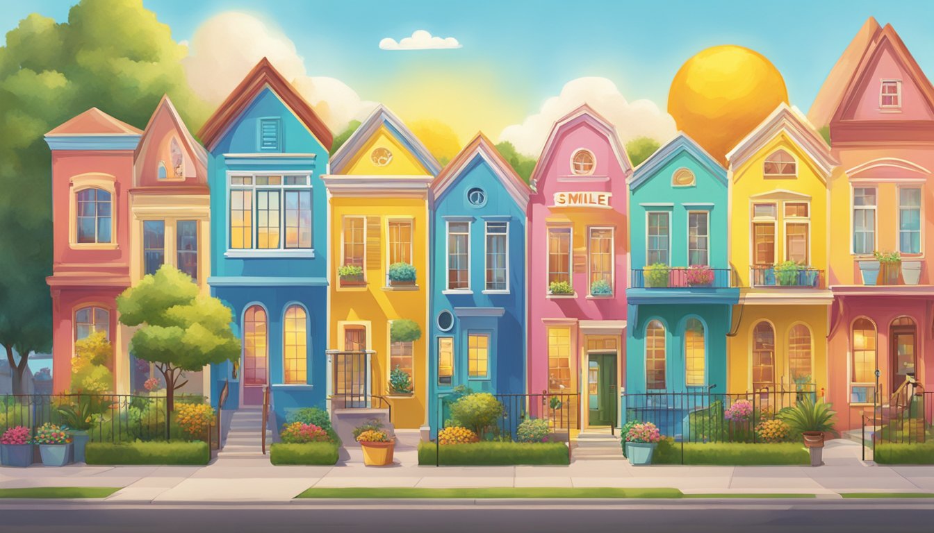 Smile Tuition: Enhancing Your Child's Learning Experience in Singapore A bright yellow sun shines over a row of colorful houses with smiling faces painted on their windows. A sign reads "Smile Tuition" in bold, cheerful letters