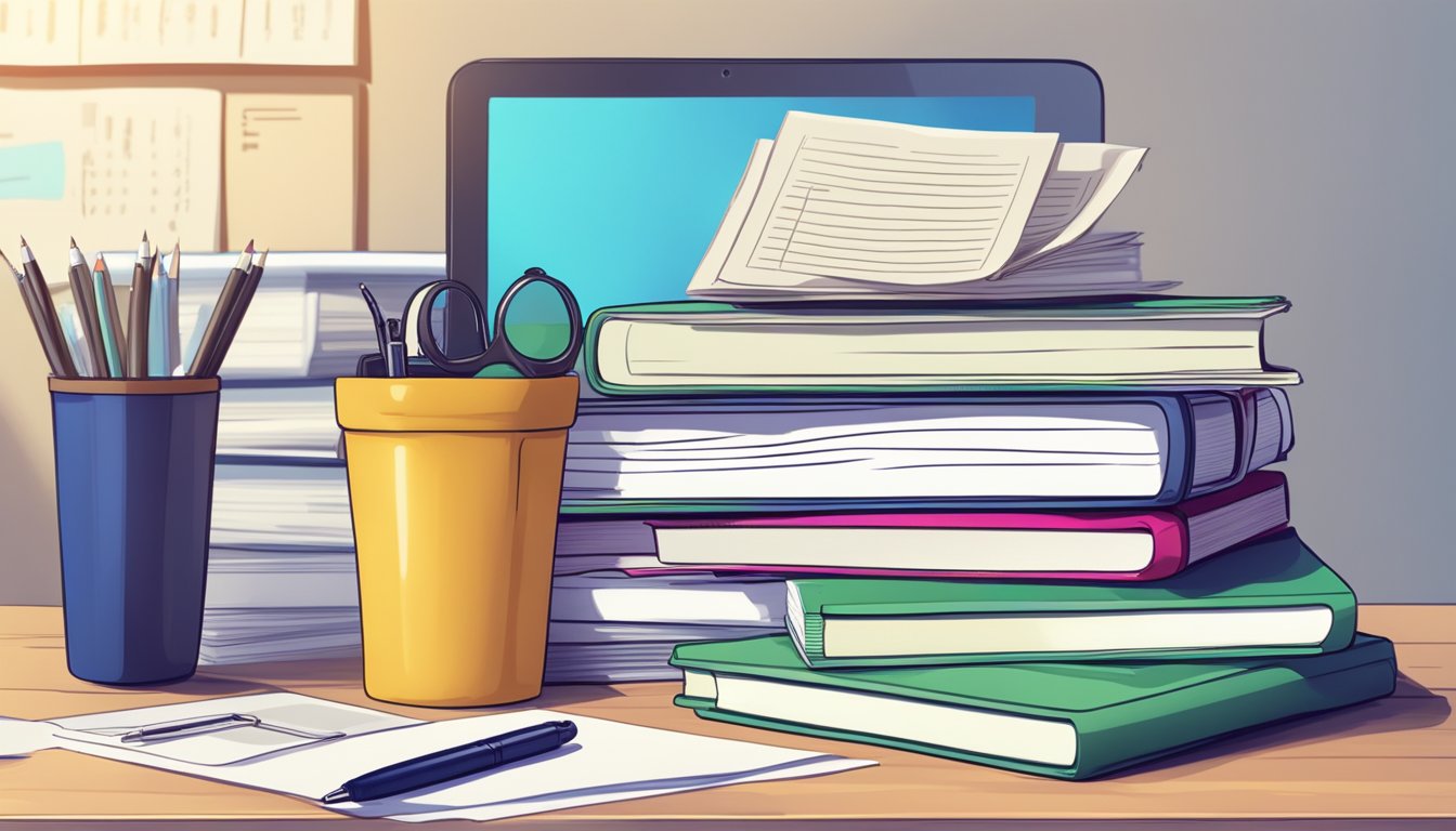 A stack of FAQ papers on a desk with a "tuition kenneth" label, surrounded by a laptop, pen, and calculator