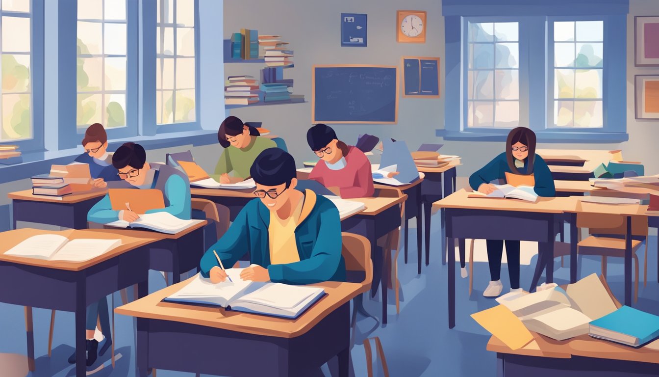 A group of students studying in a cozy indigo-colored classroom for GP tuition. Books and papers scattered on the table