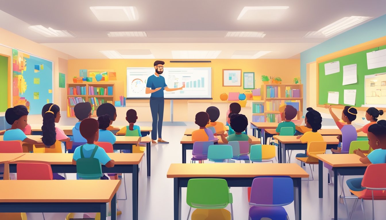 Smile Tuition: Enhancing Your Child's Learning Experience in Singapore A bright, open classroom with colorful learning materials and happy, engaged students. The teacher is animated, using interactive teaching methods