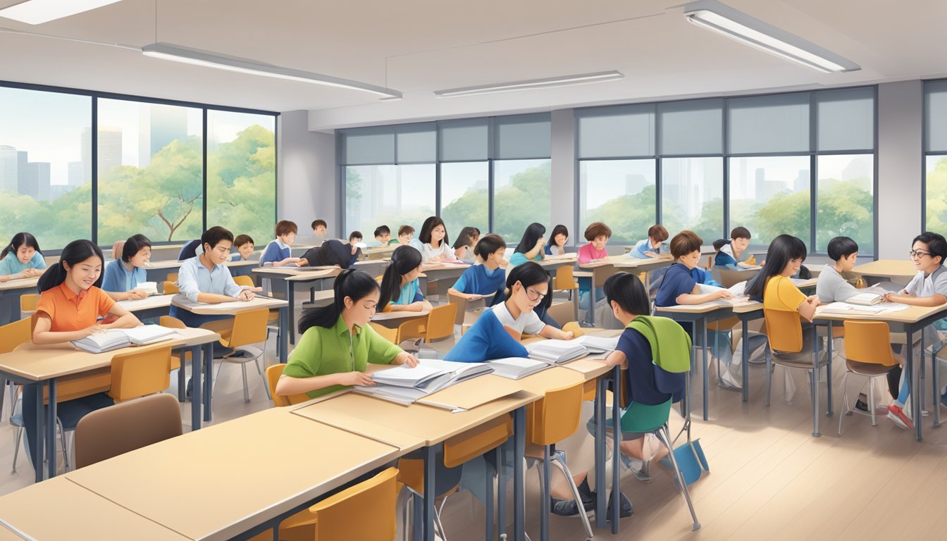 Newcastle Tuition Singapore: Boost Your Grades with Top Tutors A bustling classroom at Newcastle Tuition Singapore, with students engaged in learning and tutors providing guidance