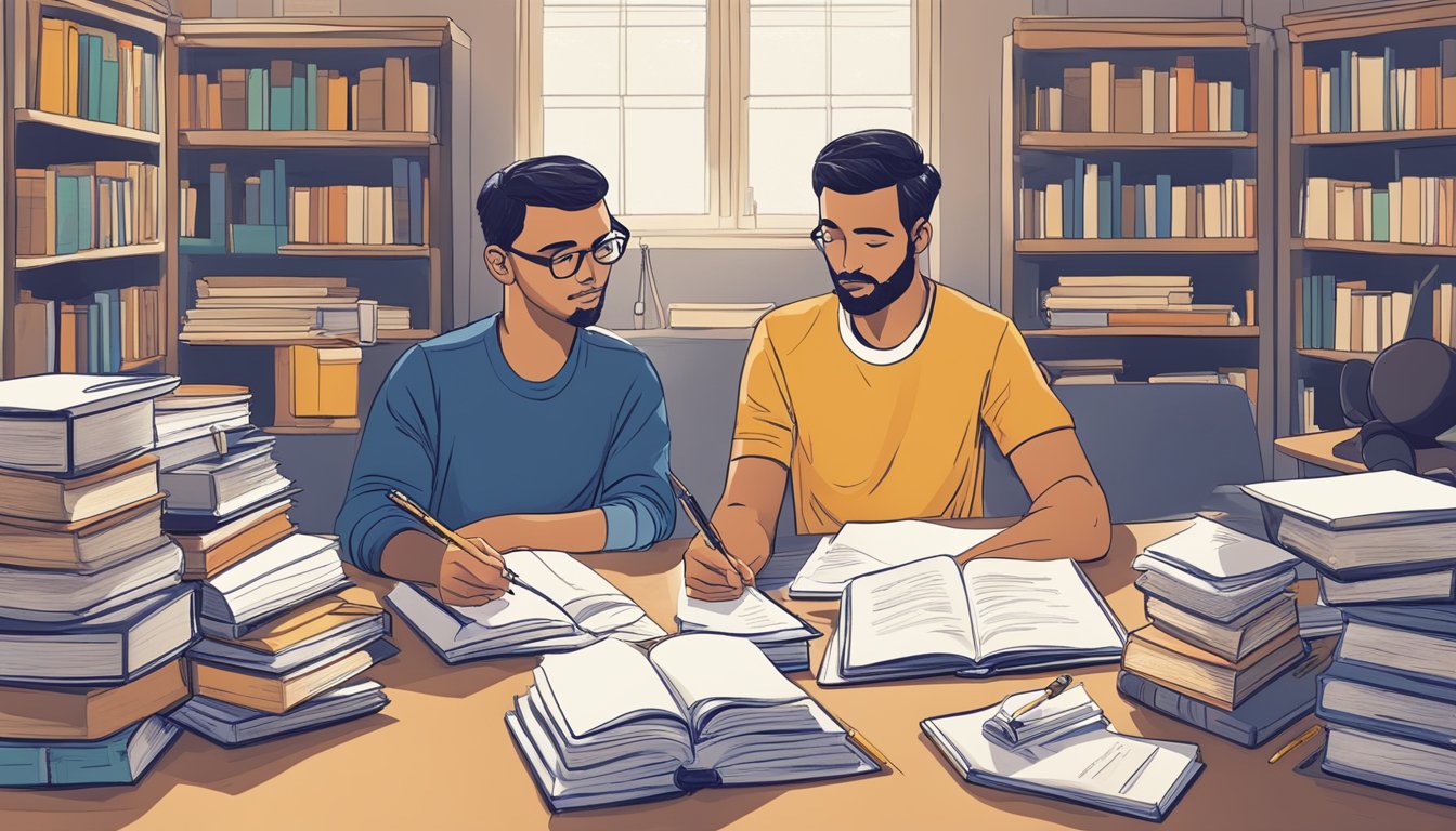 A student sitting at a desk, surrounded by books and notes, with a pen in hand, listening to a tutor explaining GP concepts using the Indigo Pedagogy method