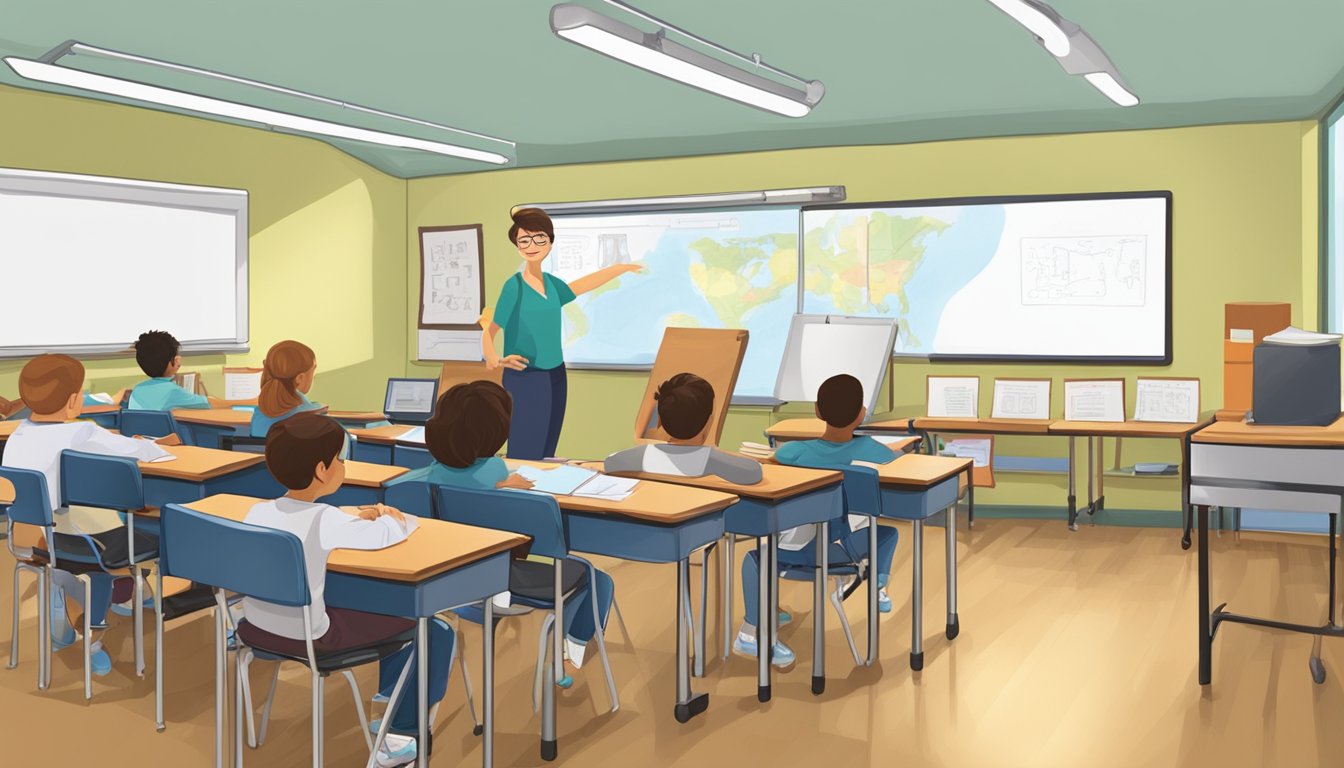 Newcastle Tuition Singapore: Boost Your Grades with Top Tutors A classroom setting with a whiteboard, desks, and chairs. A teacher at the front of the room with students engaged in learning