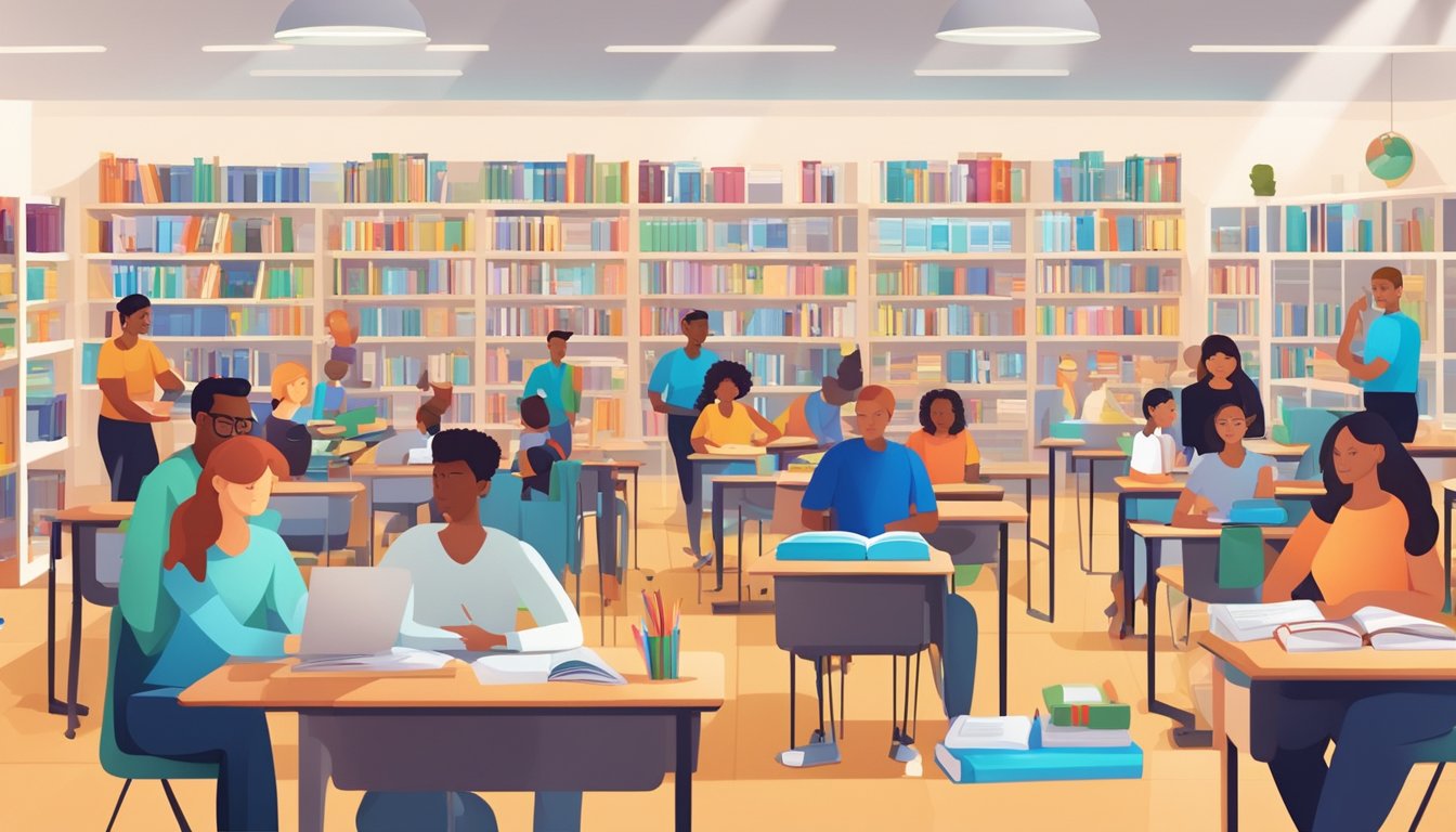 A bright, modern classroom filled with students and tutors engaged in interactive learning activities, surrounded by shelves of educational resources and support materials