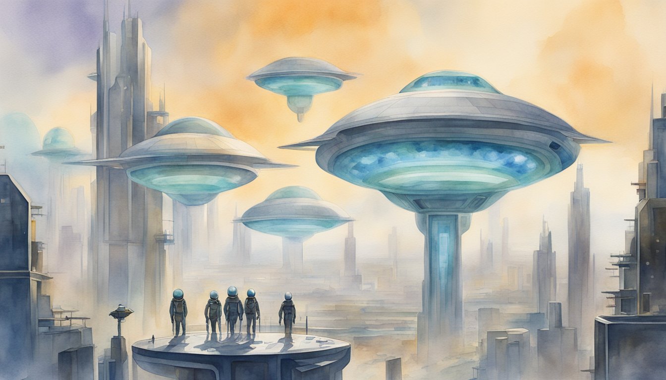 A group of aliens with elongated limbs and large, almond-shaped eyes stand in a futuristic cityscape, surrounded by advanced technology and hovering spacecraft