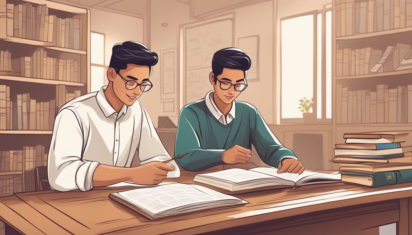 A student mastering Malay with a dedicated tutor in a cozy, well-lit classroom. Books and language materials are spread out on the table