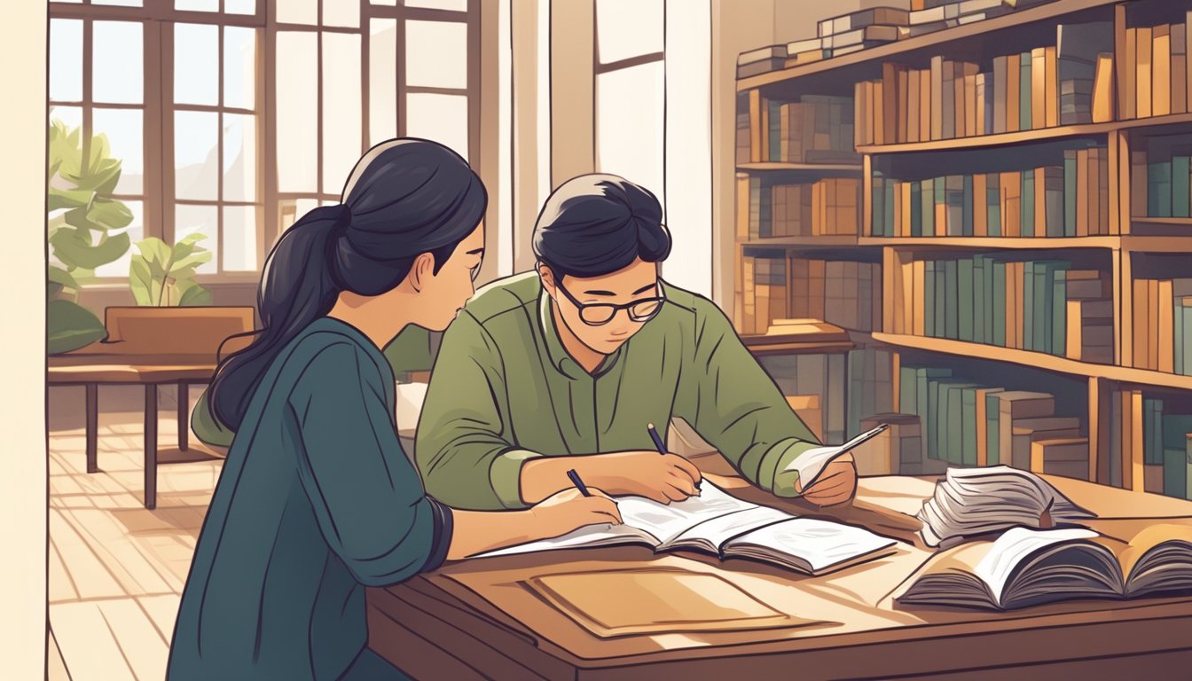 A student diligently studies Malay language materials with a dedicated tutor in a quiet, well-lit study space