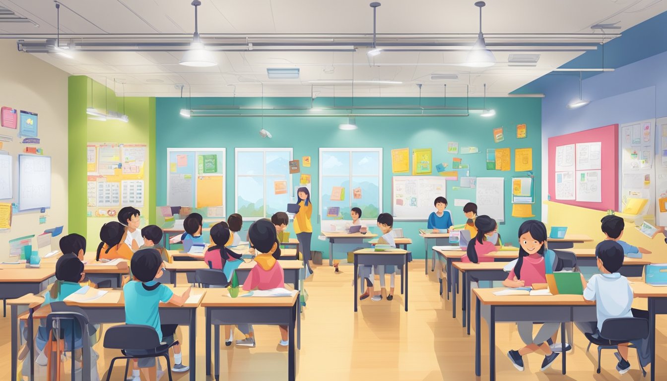 Discover the Best English Tuition Centre in Singapore for Exceptional Learning A bright, modern tuition center in Singapore, filled with students engaged in learning activities. Whiteboards and colorful educational materials line the walls