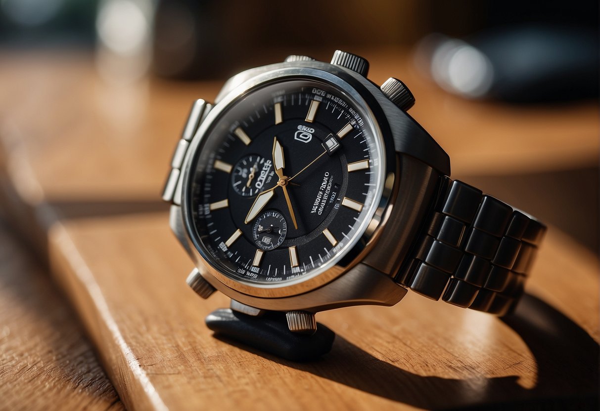 A Seiko Mod watch sitting on a wooden table with a soft natural light shining on it