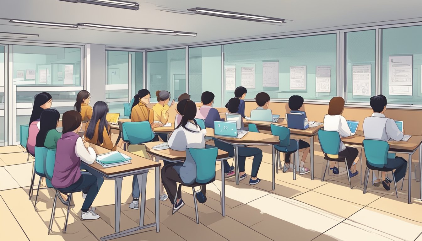 Discover the Best English Tuition Centre in Singapore for Exceptional Learning Students eagerly enter a modern, well-lit tuition center in Singapore, where engaging English lessons are conducted in small, focused groups