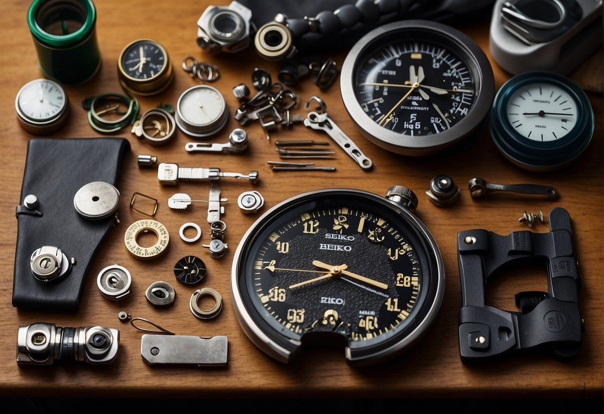 A workbench with various watch modding tools and supplies, including dials, hands, and bezels. A Seiko watch being disassembled and modified by a skilled technician