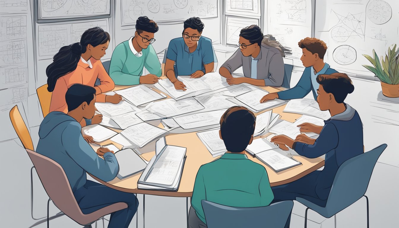 A group of students sit at a round table, engrossed in their studies. Books and notebooks are scattered across the table, and a whiteboard in the background displays complex equations and diagrams