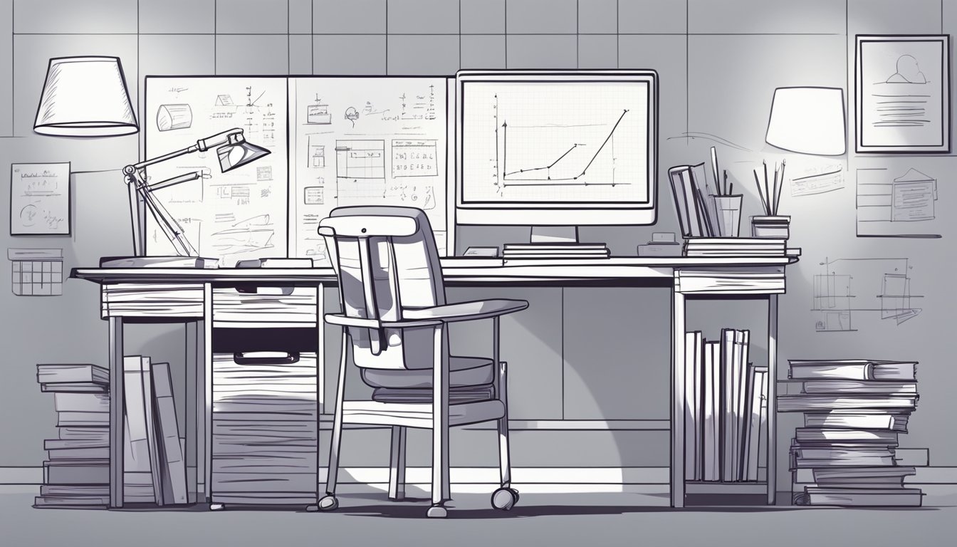 A desk with books, papers, and a laptop. A whiteboard with equations and diagrams. A comfortable chair and a bright lamp for studying