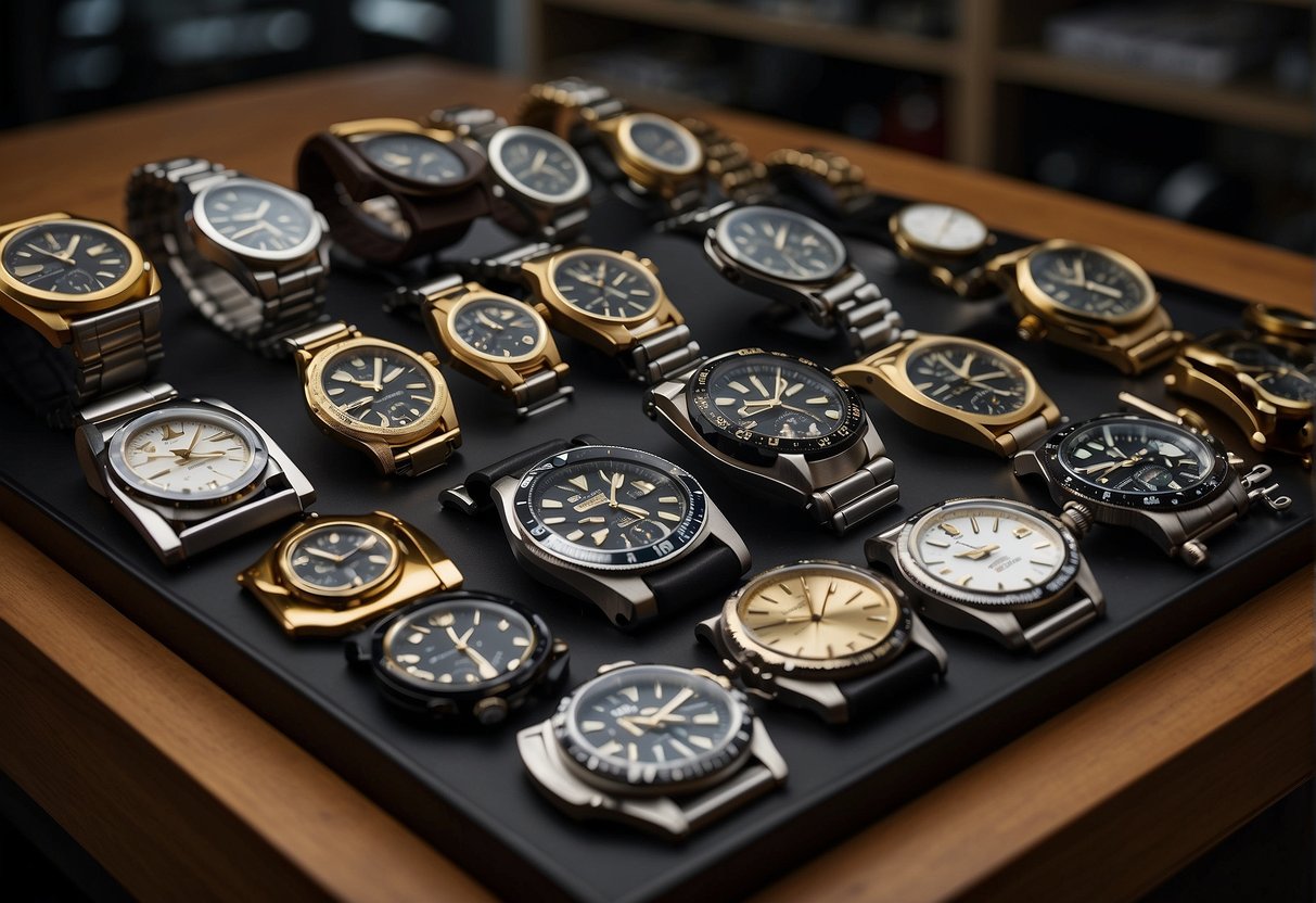 Une table parsemée de pièces de montres, d'outils et de guides d'adaptation. Des affiches de montres Seiko ornent les murs. Des étagères remplies de montres moddées et de pièces détachées.