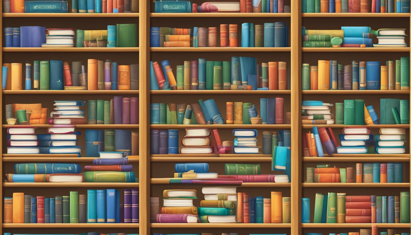A colorful array of textbooks and educational materials fill the shelves, with a chalkboard displaying a wide range of curriculum subjects