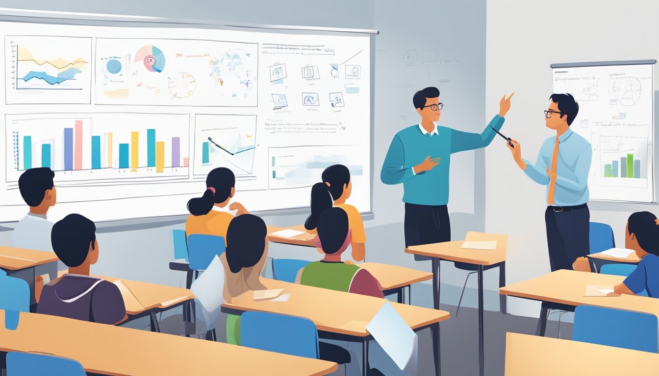 Students engaged in problem-solving, with whiteboards and markers, while a teacher explains concepts on a whiteboard at a well-equipped tuition center in Singapore