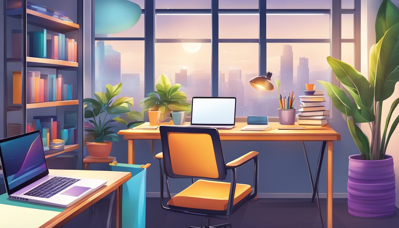 A desk with a laptop, textbooks, and a notepad. A bright lamp illuminates the space. A welcoming chair and a whiteboard with colorful markers complete the setup