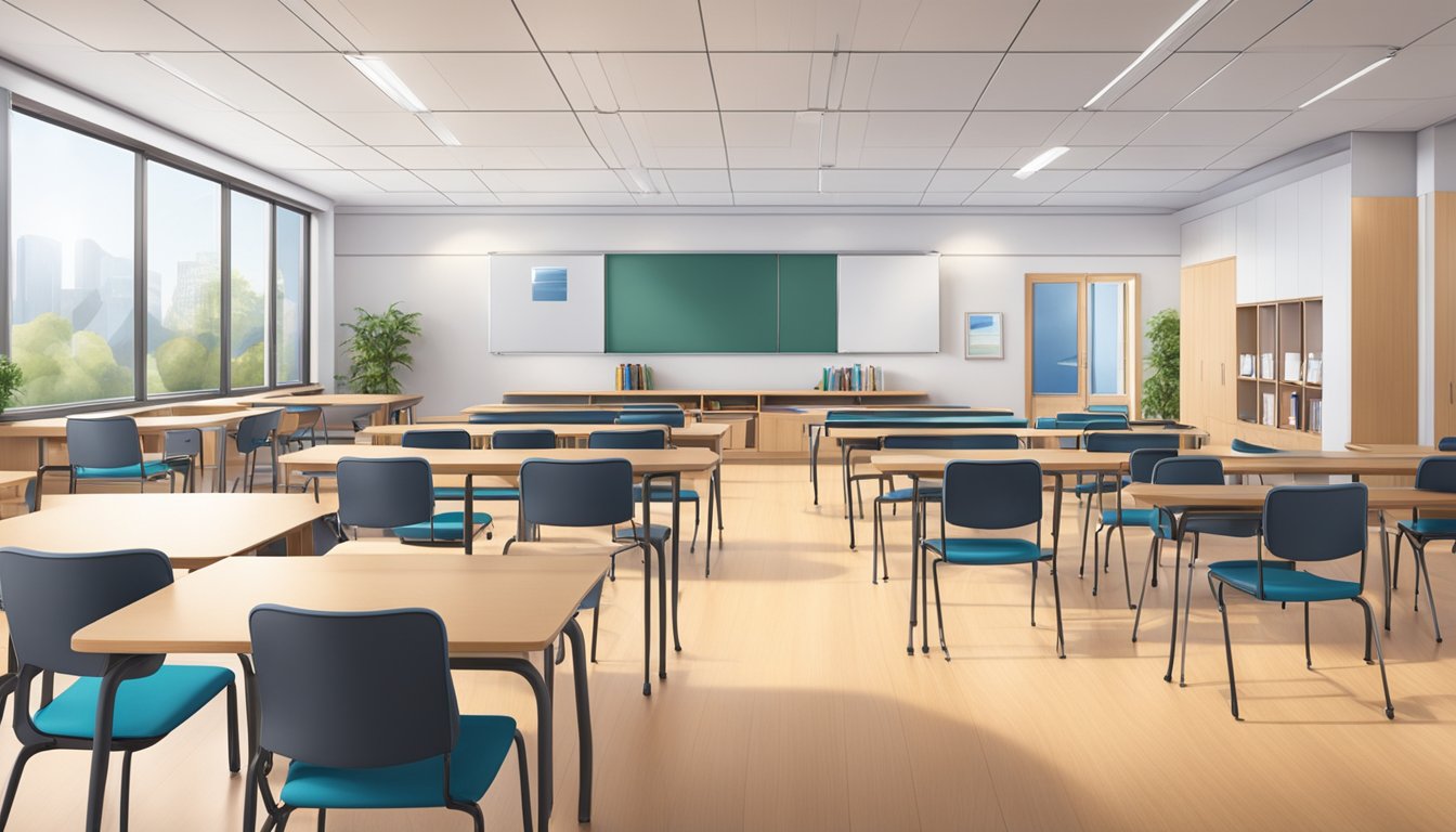 A modern, spacious classroom filled with natural light and equipped with state-of-the-art technology. Comfortable seating and a welcoming atmosphere create a conducive learning environment