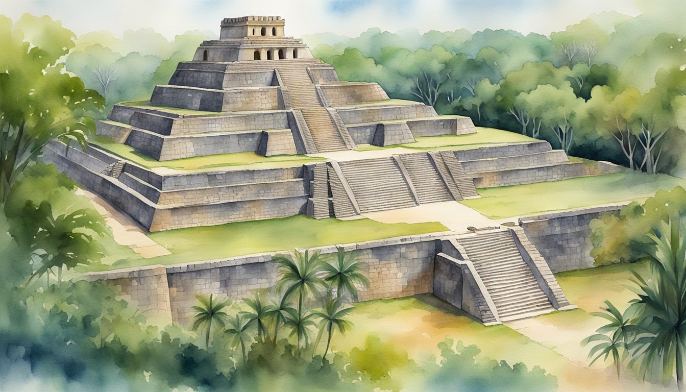 The ancient ruins of Uxmal rise from the lush Yucatan jungle, with intricate stone carvings and towering pyramids