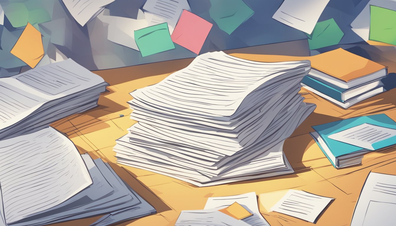 A stack of papers with "Frequently Asked Questions" and "Aspire Hub Tuition Review" printed on them, surrounded by question marks and a spotlight shining down on them