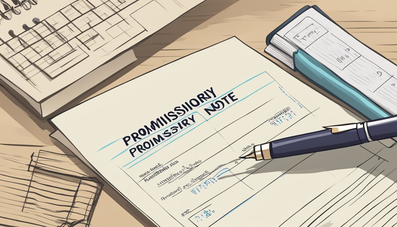 A promissory note being signed with a pen, with the tagalog words "promissory note" and "tuition" written on the paper
