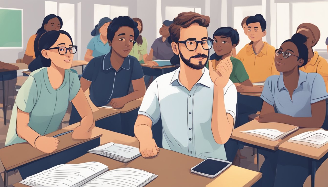 A teacher engages with students, discussing tuition