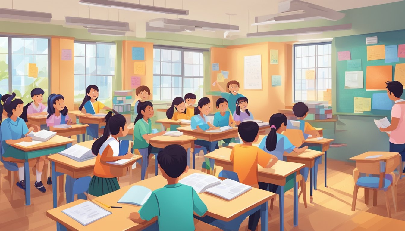 A group of students eagerly engage with expert math tutors in a vibrant and welcoming learning environment at a top-tier tuition center in Singapore