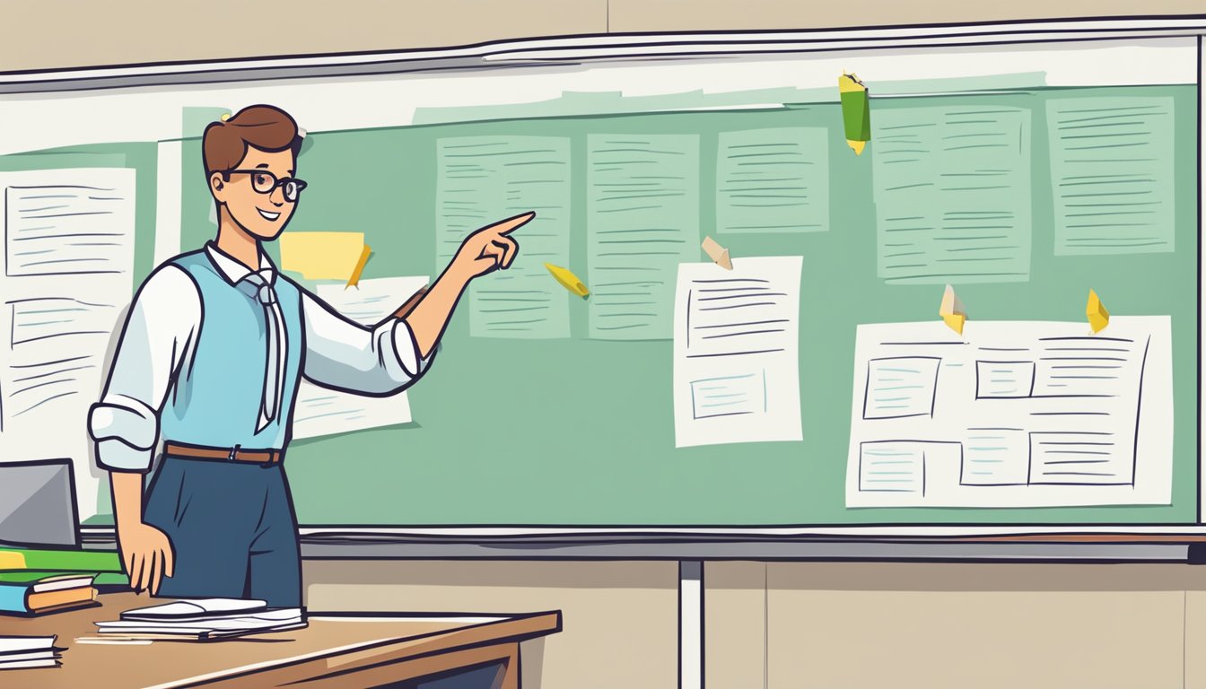 A teacher standing in front of a whiteboard, pointing to a list of frequently asked questions about tuition