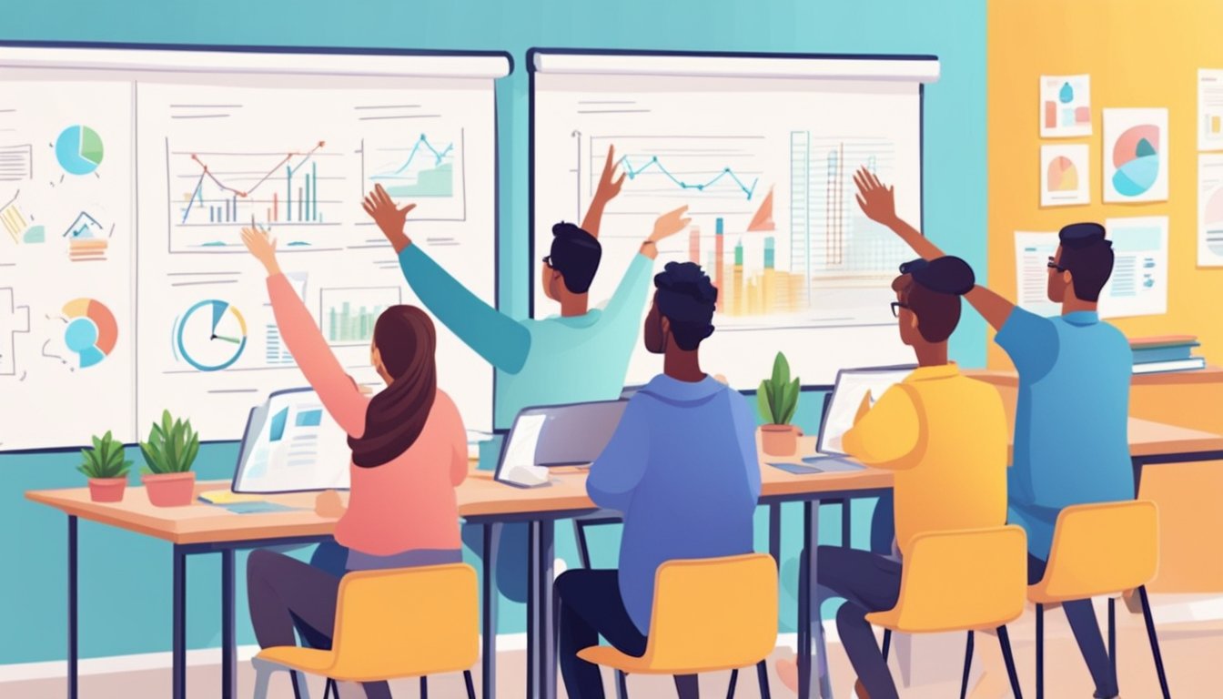 Students eagerly raise hands, seeking answers. Tutors explain concepts on whiteboards. Bright, colorful posters adorn the walls