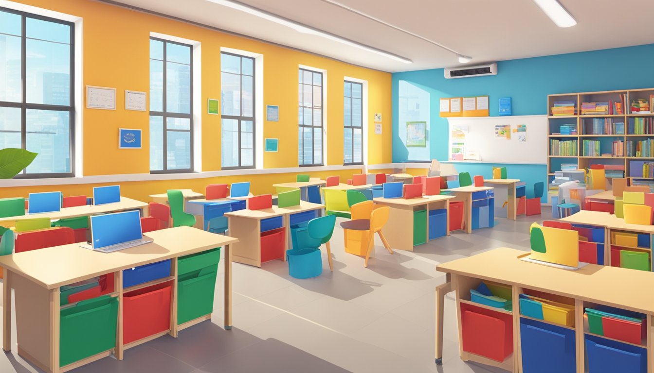 A brightly lit classroom at Knowledge Academy Tuition Centre Pte Ltd, with colorful educational materials on the walls and students