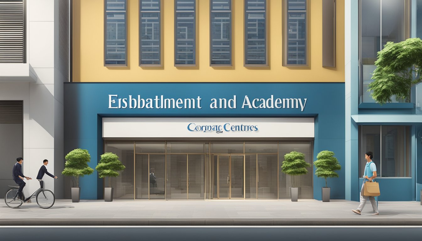 A modern building with the name "Establishment and Corporate Identity knowledge academy tuition centre pte ltd" displayed prominently on the facade