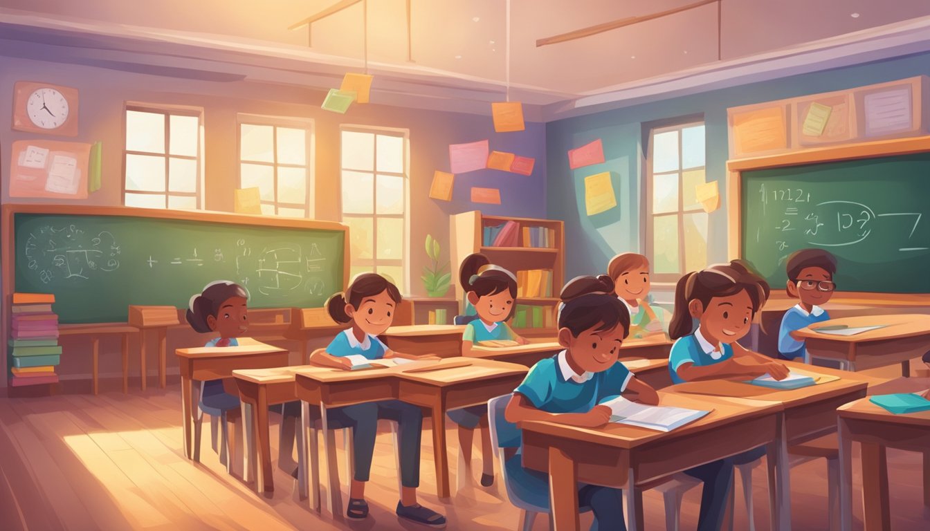 Primary School Tuition Rates in Singapore: What You Need to Know A colorful classroom with desks and books, a chalkboard with math problems, and a teacher helping students with their primary school tuition