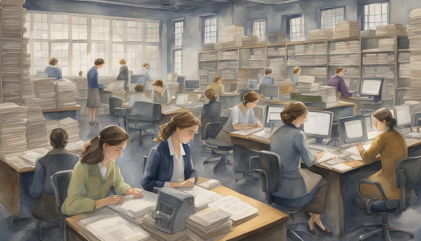 A group of women working at their desks, surrounded by stacks of papers and vintage computers, with a large chalkboard filled with complex equations in the background