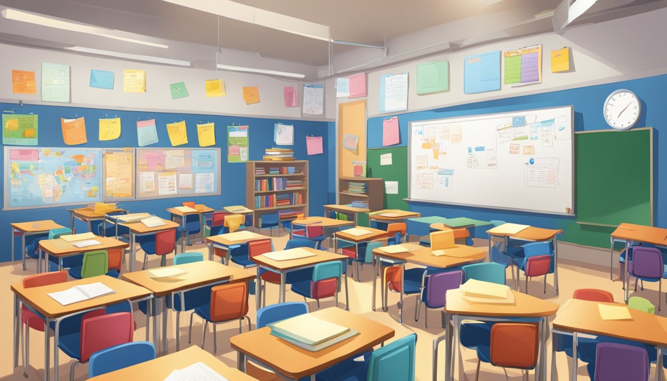 A brightly lit classroom with rows of desks and a whiteboard at the front. The walls are adorned with educational posters and the room is filled with the hum of students engaged in learning