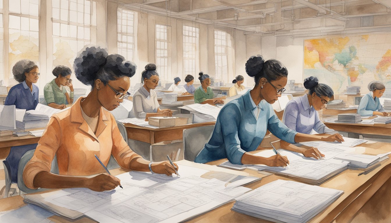 A group of women working at desks surrounded by complex calculations and technical drawings, symbolizing the cultural impact and legacy of the hidden figures story